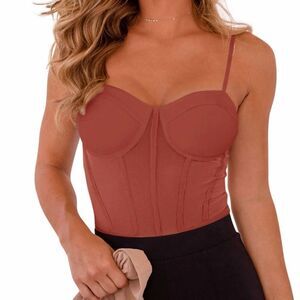 Reoria Glamorous Illusion Spaghetti Strap Bodysuit XS Rusty Red